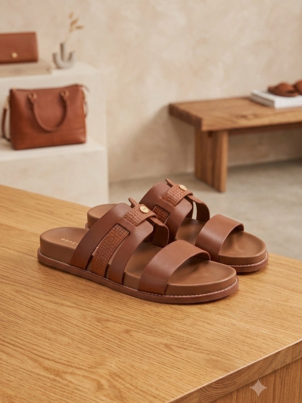 Easy Spirit Woman's Tan Brown Leather Double-Strap Slide Sandals